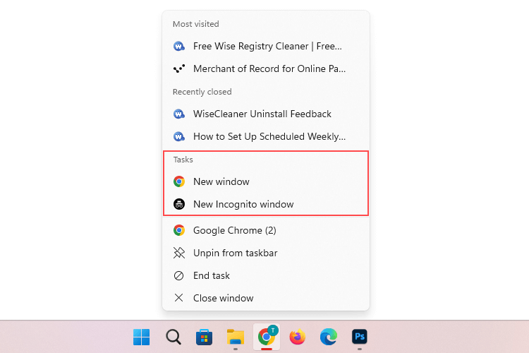 Windows Sprunglisten-Menü mit hervorgehobenen Anwendungsaufgaben und benutzerdefinierten Befehlen verwaltet von CustomDestinations.